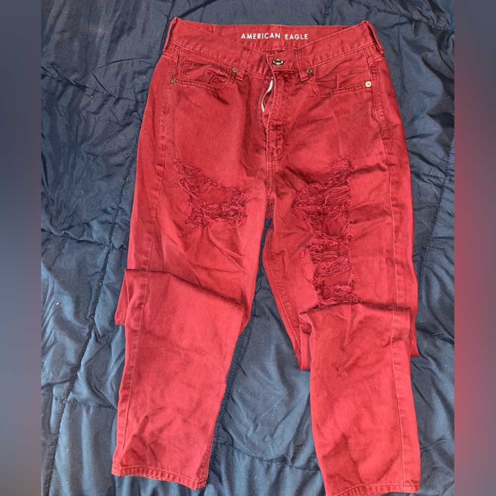 American eagle red ripped jeans